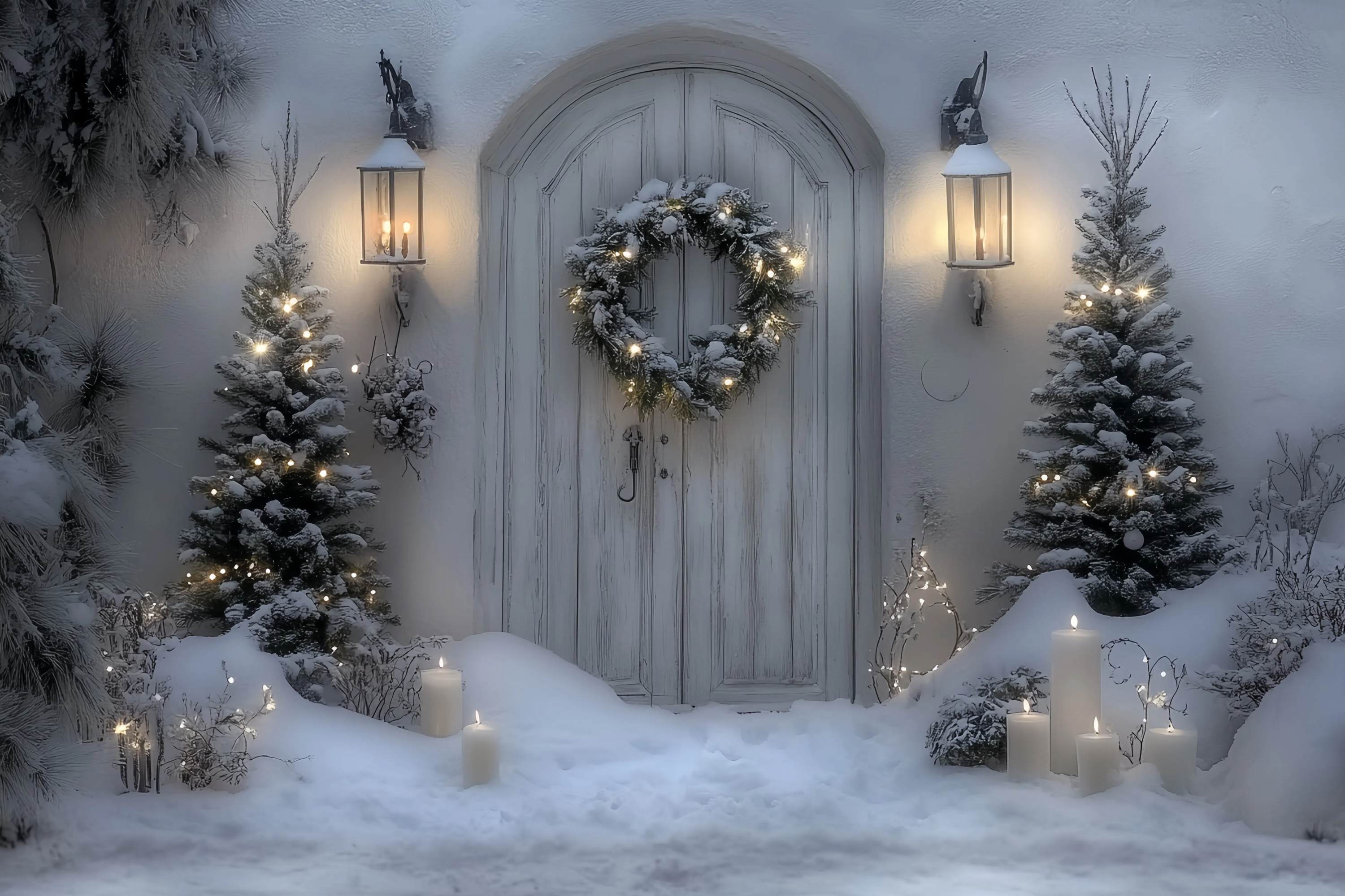 Toile de fond Noël Porte Blanche Enneigée Lanterne et Couronne TWW58-102