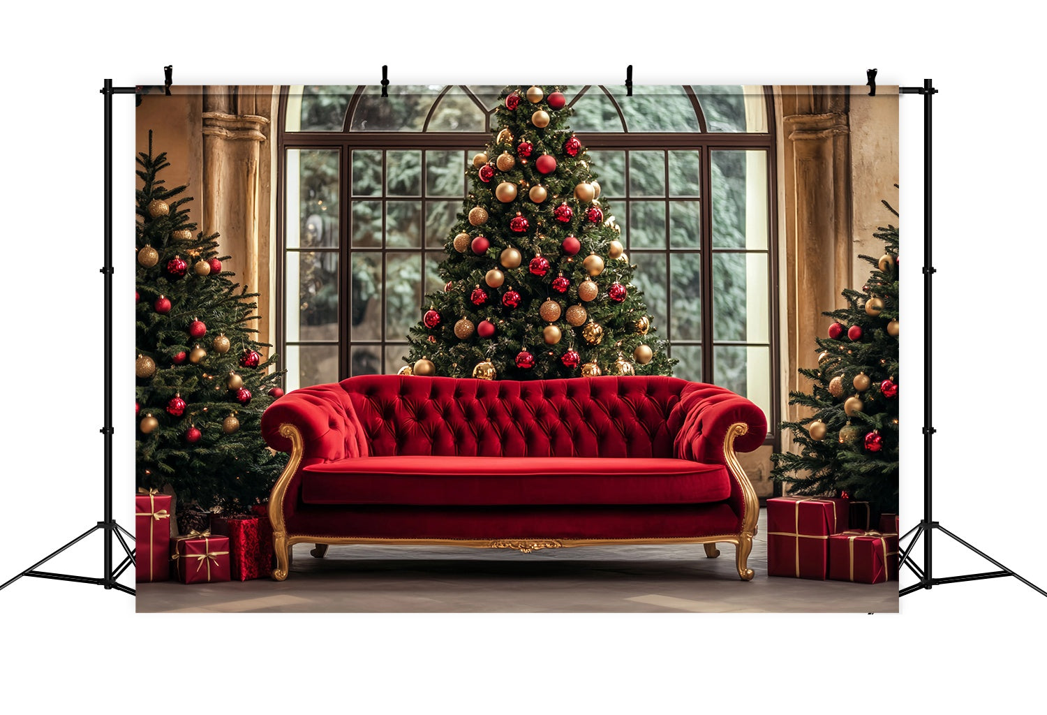 Toile de fond photo Noël Canapé Rouge et Or Sapins TWW58-104