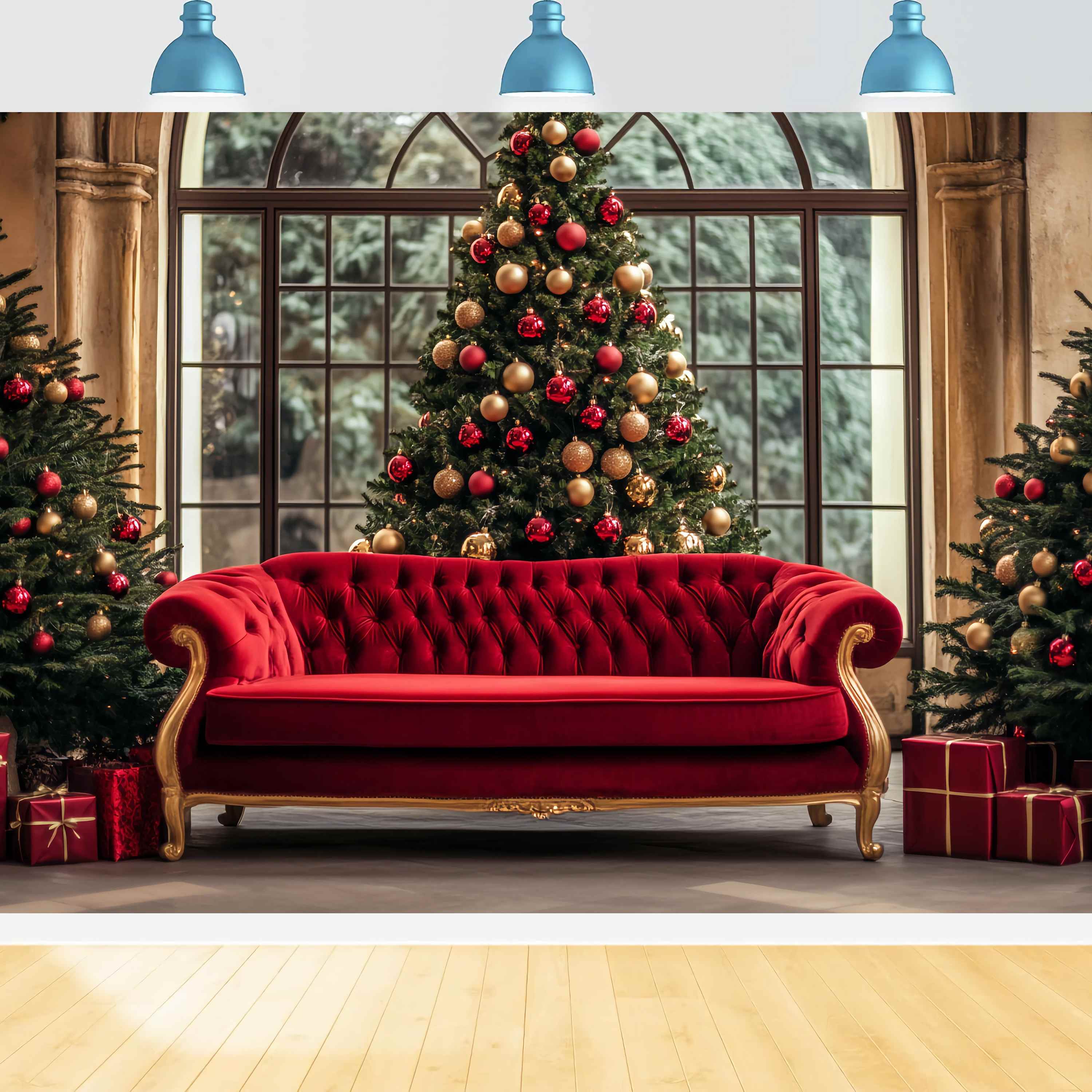 Toile de fond photo Noël Canapé Rouge et Or Sapins TWW58-104