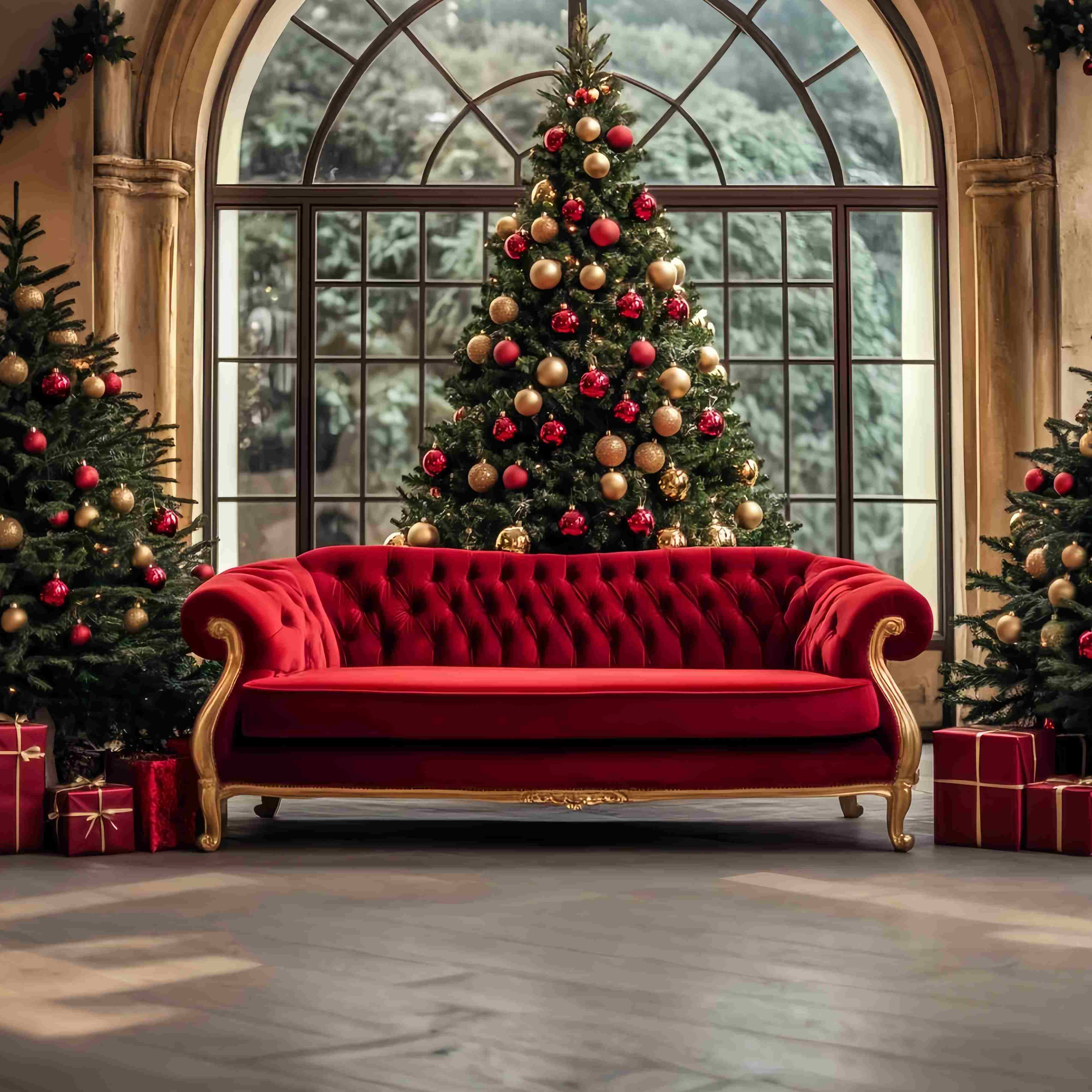 Toile de fond photo Noël Canapé Rouge et Or Sapins TWW58-104