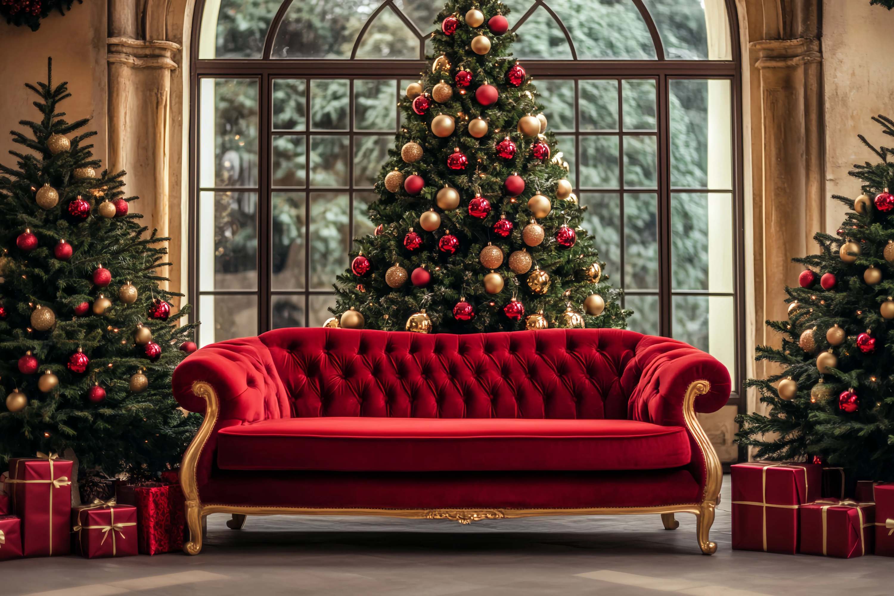 Toile de fond photo Noël Canapé Rouge et Or Sapins TWW58-104