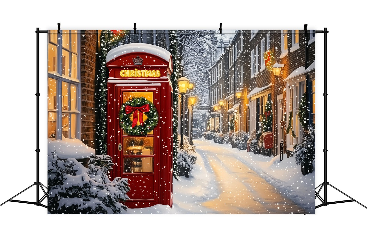 Toile de fond Noël Cabine Téléphonique Rouge Rue Enneigée TWW58-105
