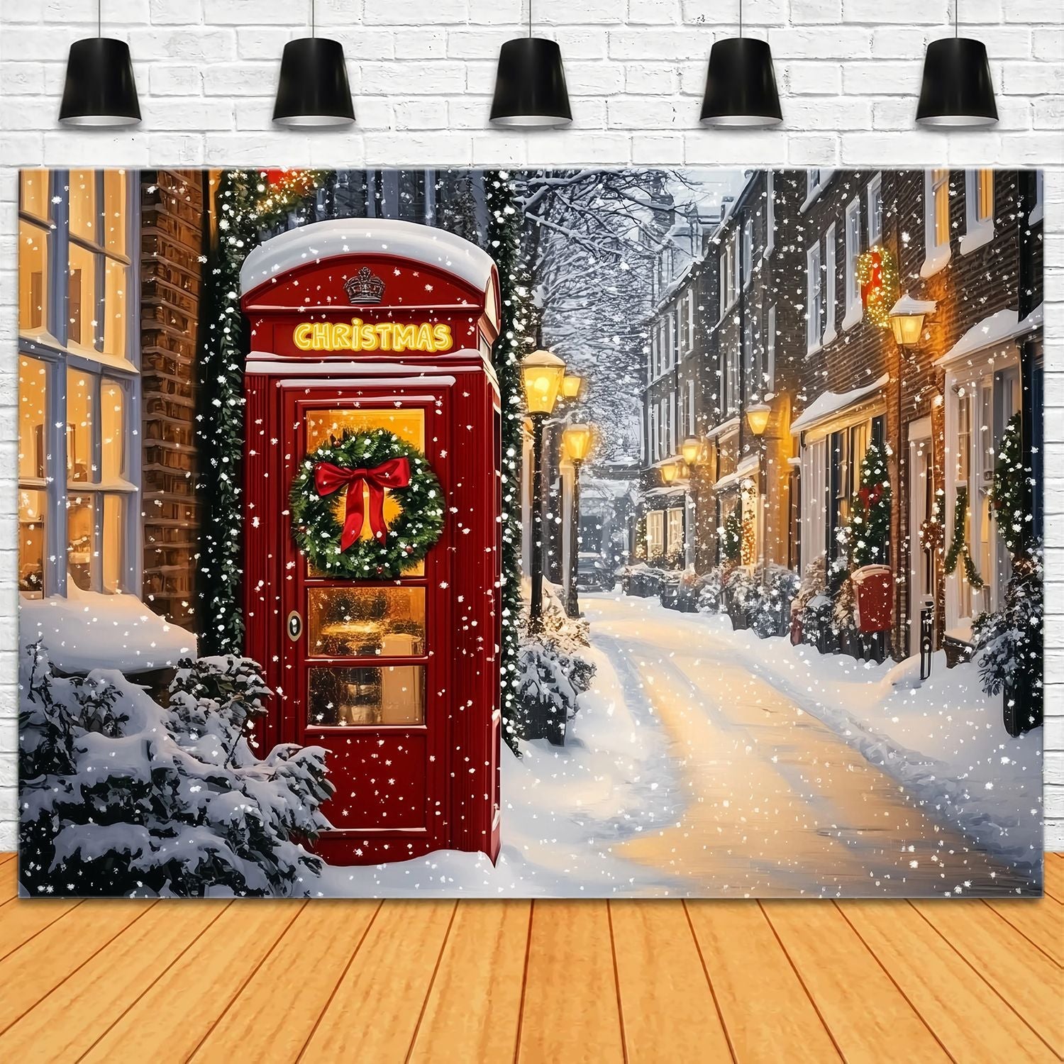Toile de fond Noël Cabine Téléphonique Rouge Rue Enneigée TWW58-105