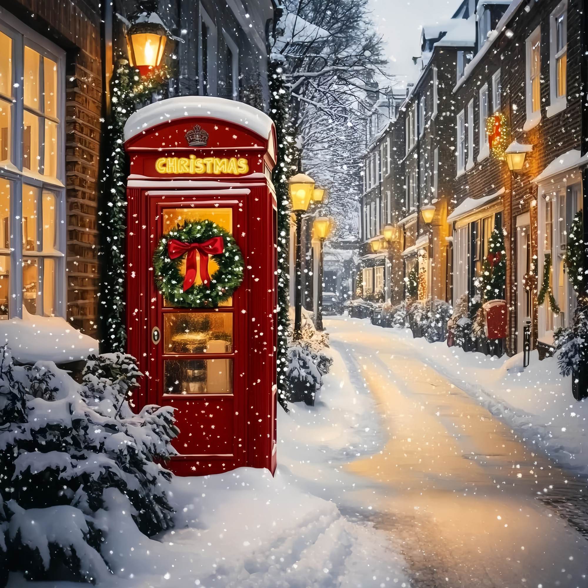 Toile de fond Noël Cabine Téléphonique Rouge Rue Enneigée TWW58-105