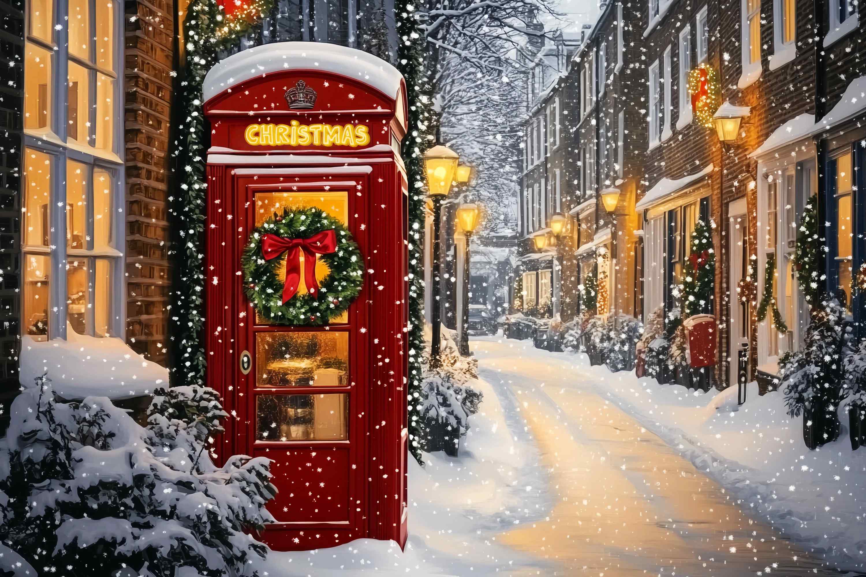 Toile de fond Noël Cabine Téléphonique Rouge Rue Enneigée TWW58-105
