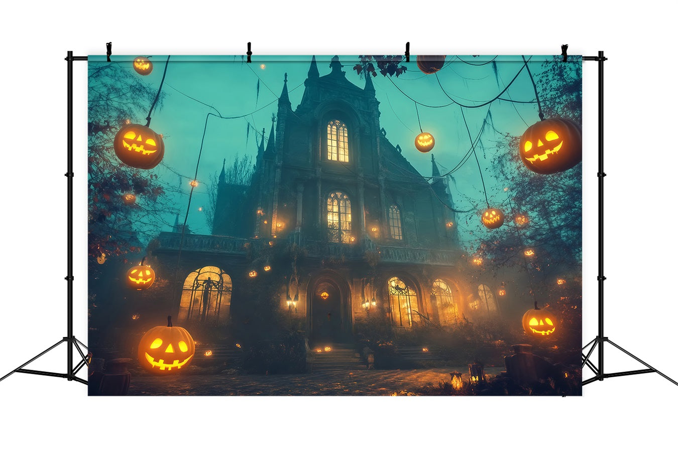 Fond Studio Halloween Citrouilles Volantes Autour Manoir Gothique TWW58-11