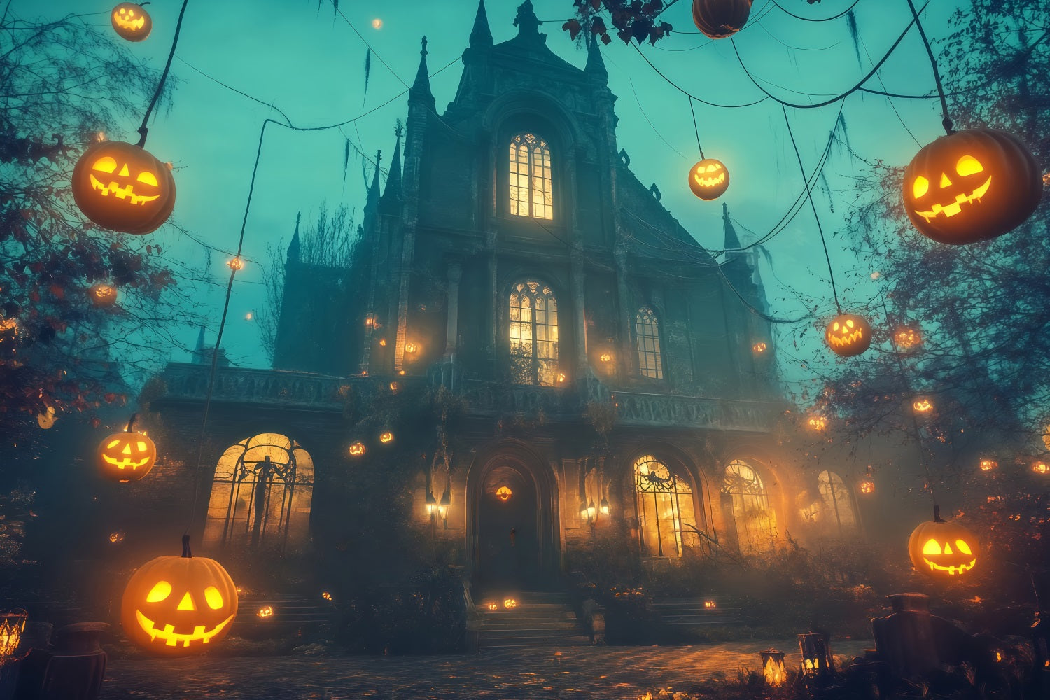 Fond Studio Halloween Citrouilles Volantes Autour Manoir Gothique TWW58-11