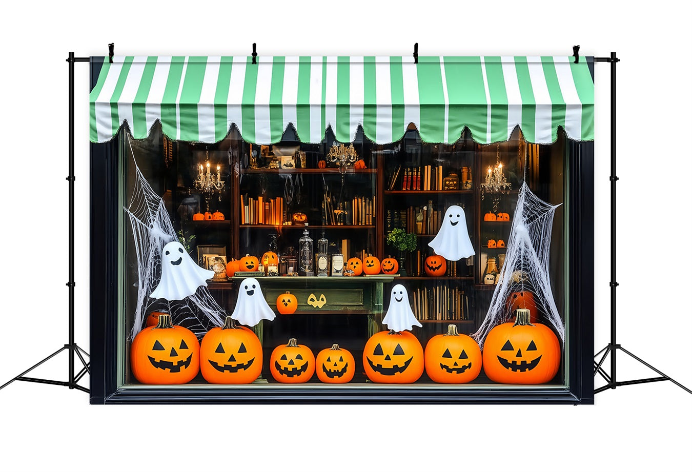 Toile De Fond Photo Halloween Citrouilles Et Fantômes Souriants En Vitrine TWW58-12