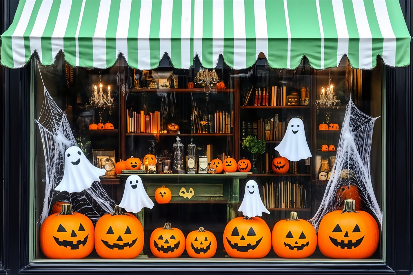 Toile De Fond Photo Halloween Citrouilles Et Fantômes Souriants En Vitrine TWW58-12
