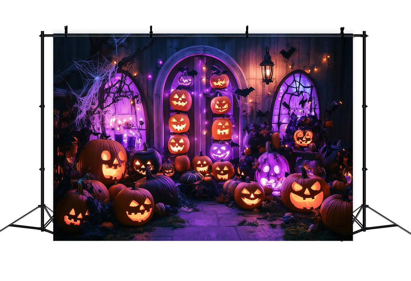 Fond De Photo Halloween Mur Citrouilles Illuminées Sur Porche Lumières Violettes TWW58-13