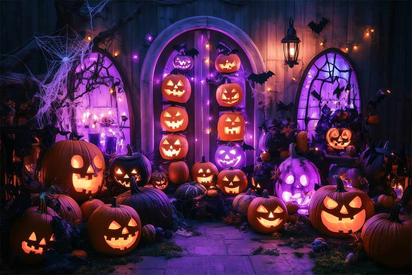 Fond De Photo Halloween Mur Citrouilles Illuminées Sur Porche Lumières Violettes TWW58-13