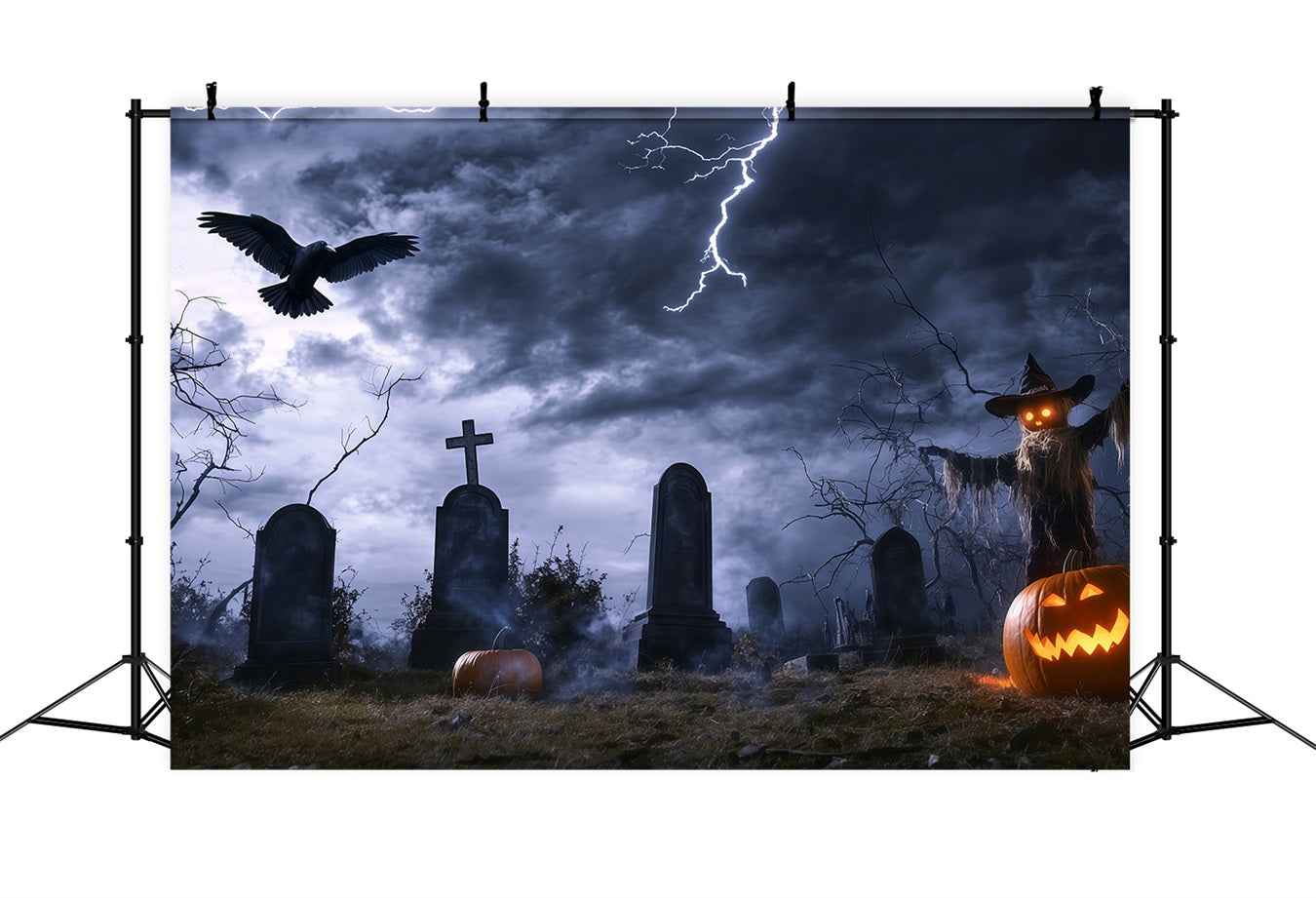 Toile Photo Halloween Cimetière Orageux Avec Épouvantail Et Éclairs TWW58-14