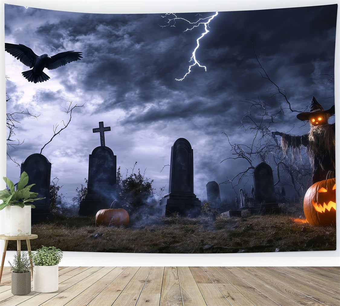 Toile Photo Halloween Cimetière Orageux Avec Épouvantail Et Éclairs TWW58-14