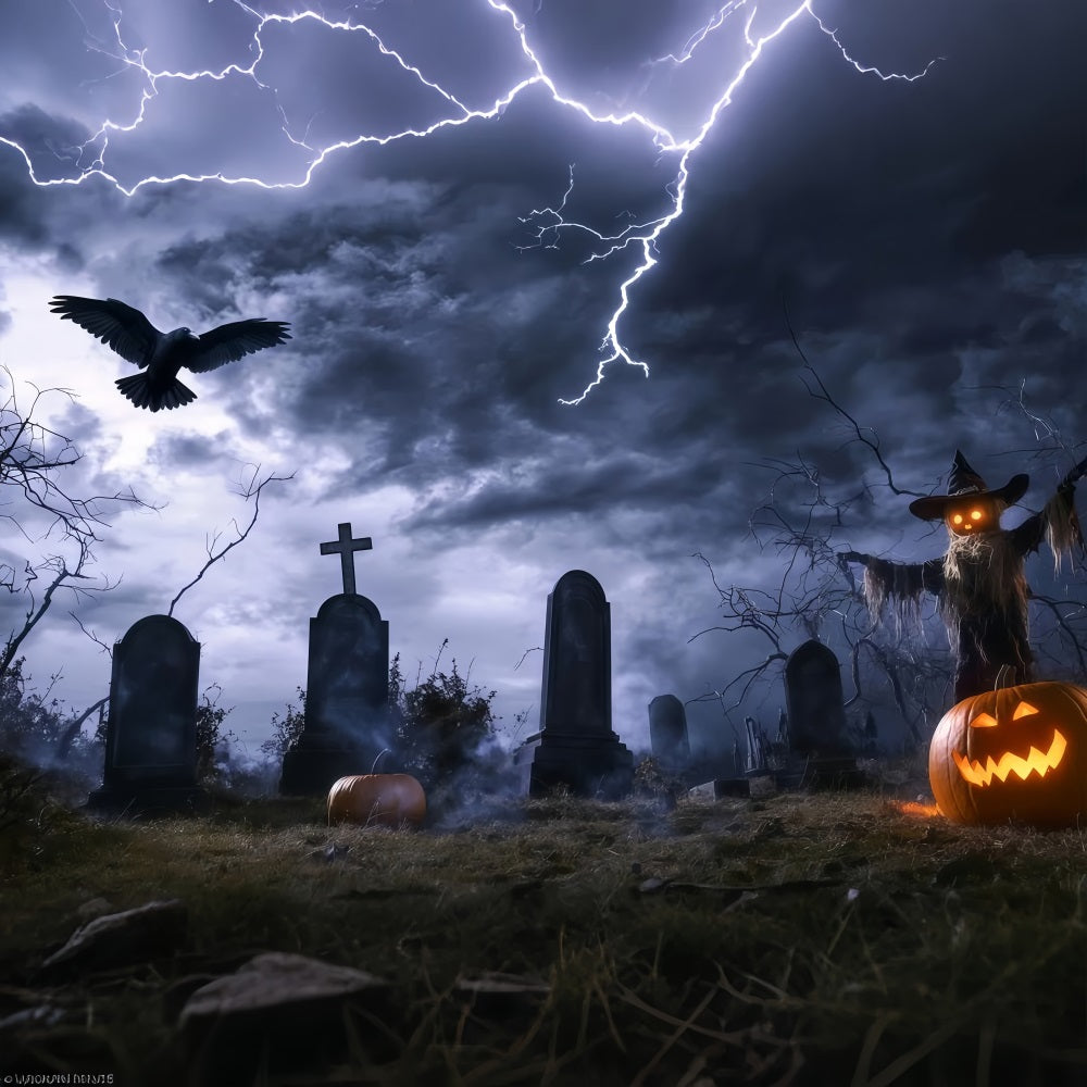 Toile Photo Halloween Cimetière Orageux Avec Épouvantail Et Éclairs TWW58-14