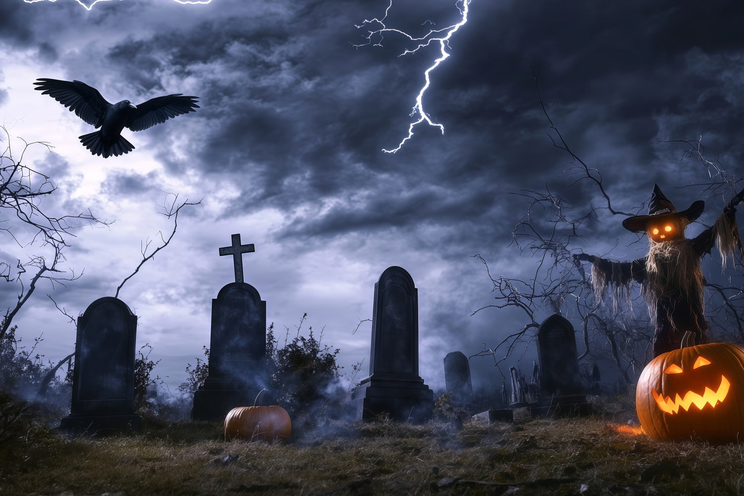 Toile Photo Halloween Cimetière Orageux Avec Épouvantail Et Éclairs TWW58-14
