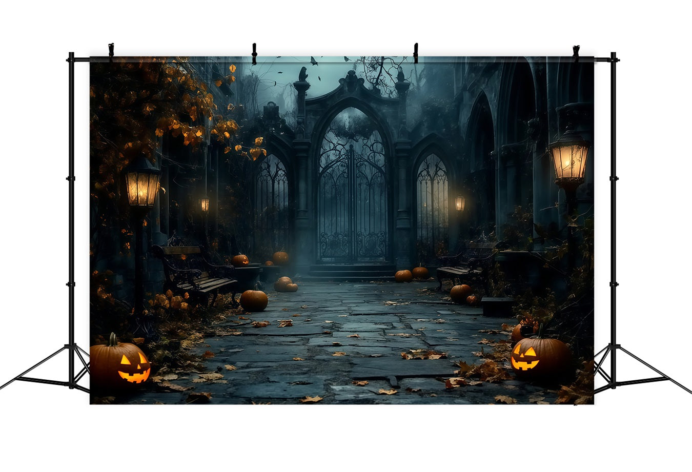 Fond Photo Halloween Porte Gothique Brumeuse Avec Citrouilles Éparses TWW58-15