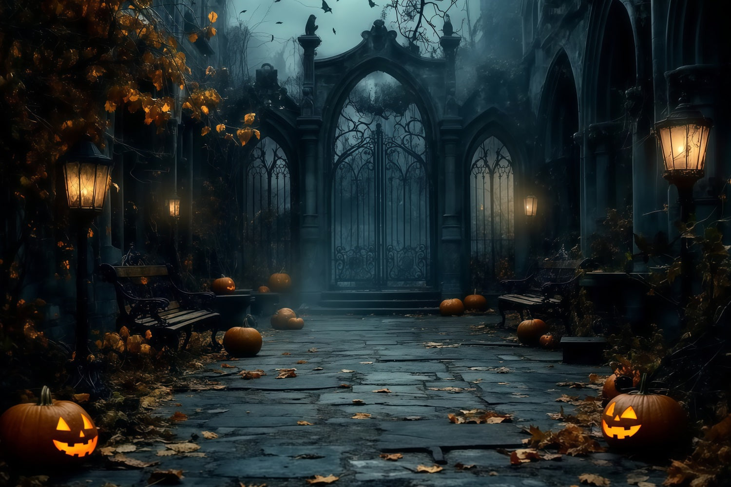 Fond Photo Halloween Porte Gothique Brumeuse Avec Citrouilles Éparses TWW58-15