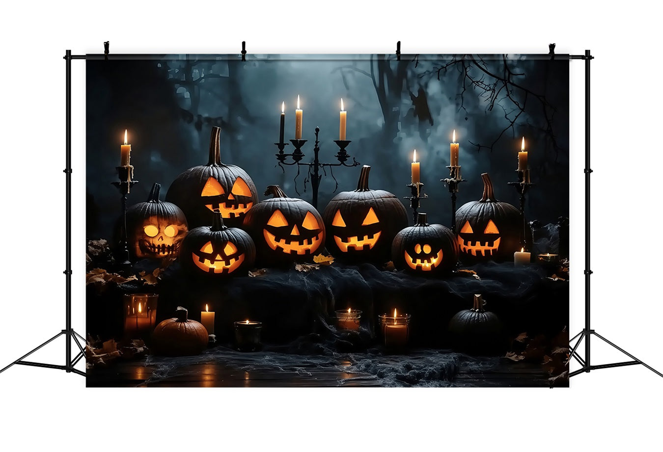 Toile De Fond Halloween Présentation Citrouilles Illuminées Dans Bois Sombre TWW58-16