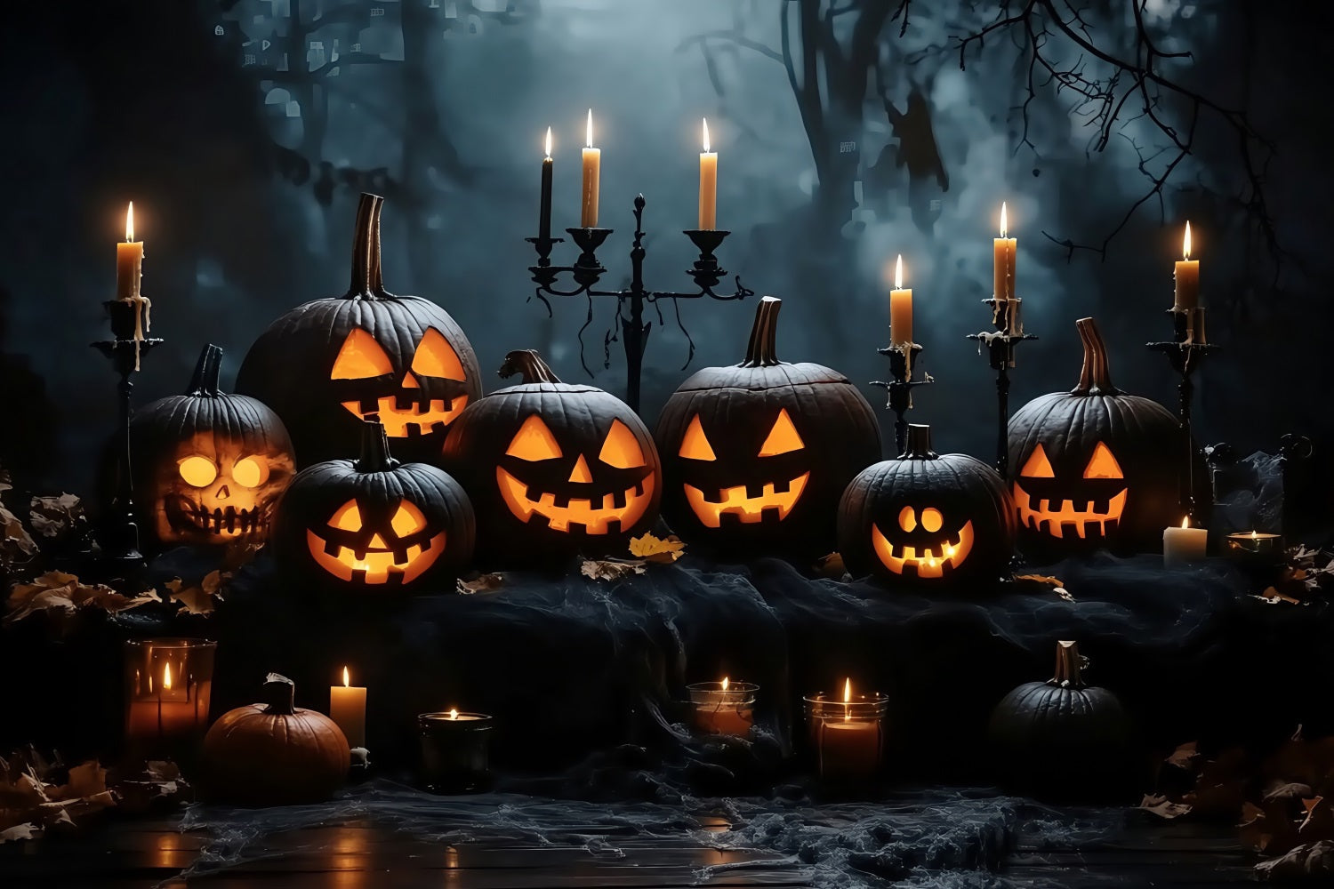 Toile De Fond Halloween Présentation Citrouilles Illuminées Dans Bois Sombre TWW58-16