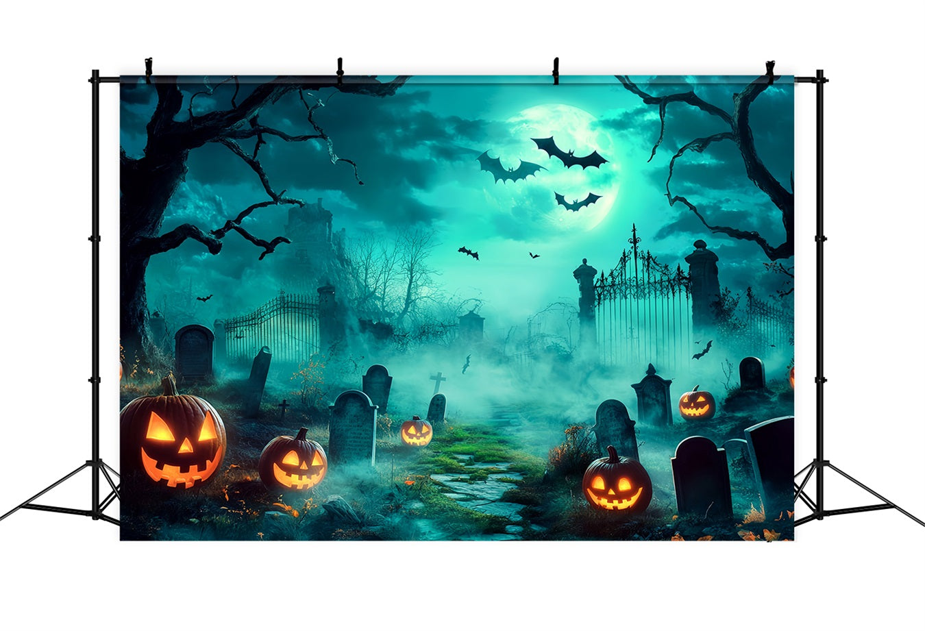 Fond Studio Halloween Cimetière Effrayant Avec Citrouilles Sculptées Lumineuses TWW58-18