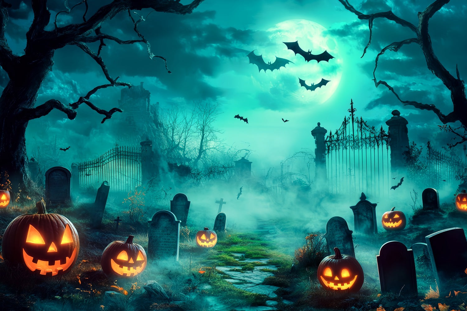 Fond Studio Halloween Cimetière Effrayant Avec Citrouilles Sculptées Lumineuses TWW58-18
