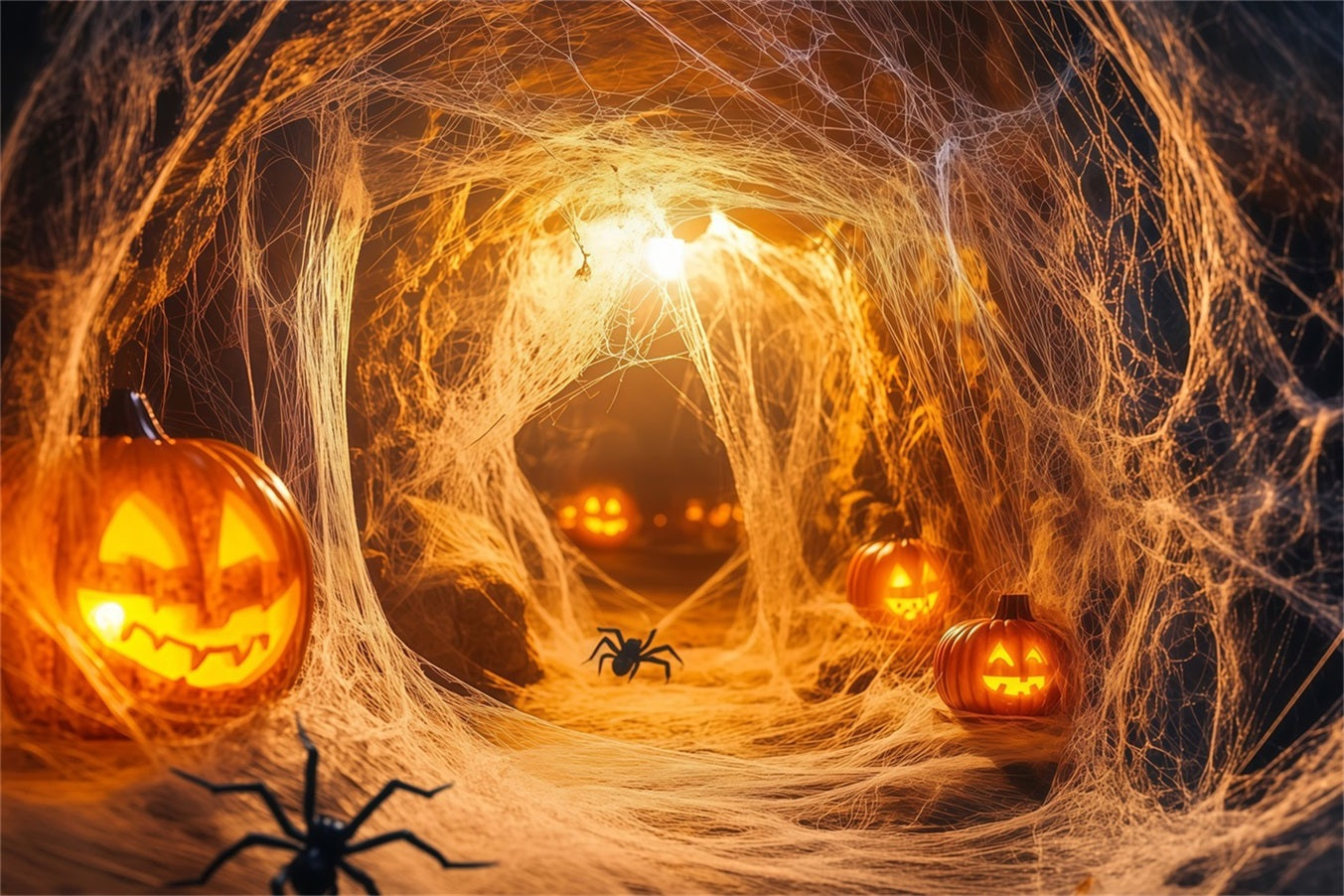Toile De Fond Photo Halloween Mur Tunnel Citrouille Araignée Avec Toiles Lumineuses TWW58-19
