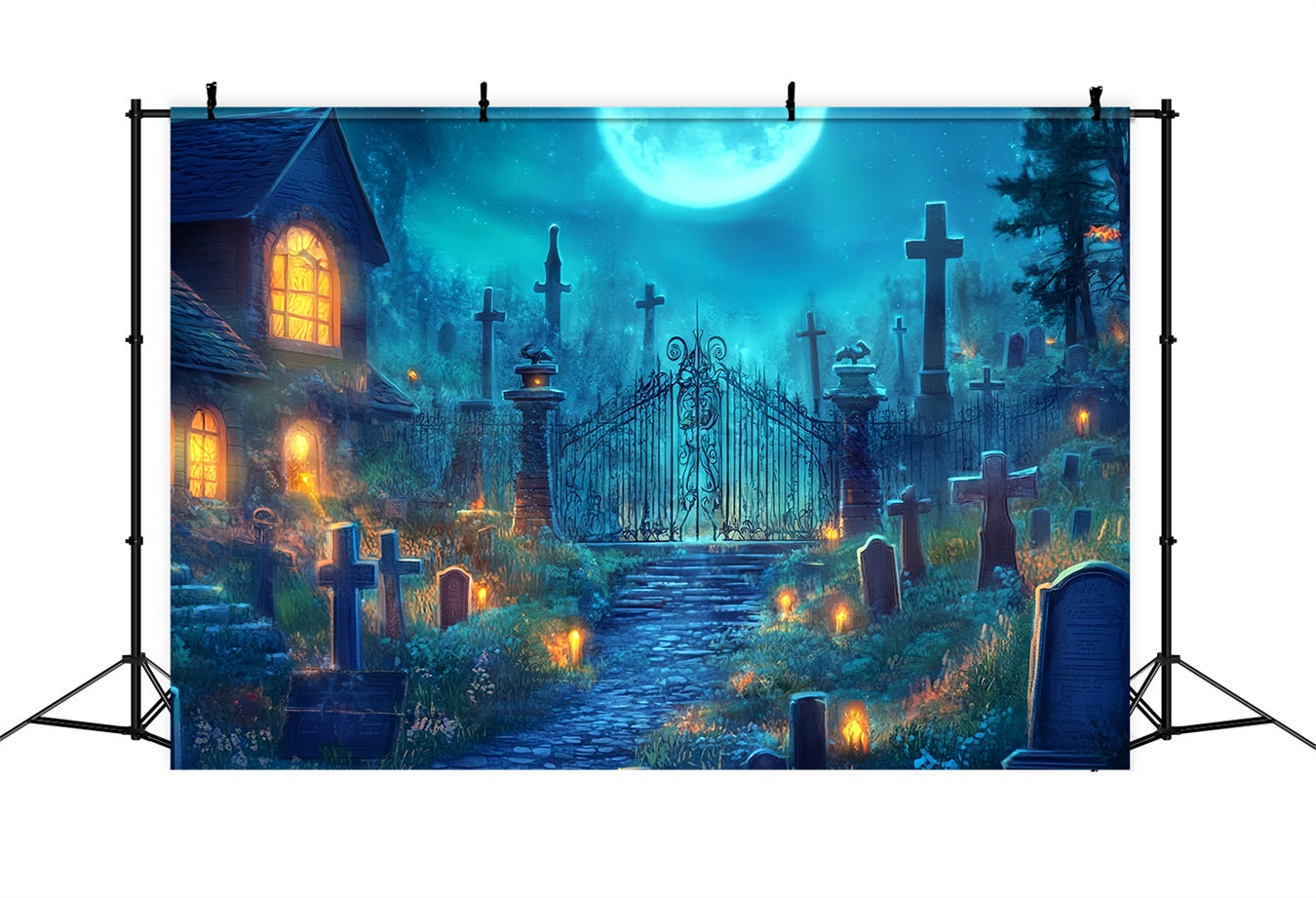 Toile De Fond Halloween Cimetière Au Clair De Lune Avec Grille En Fer TWW58-2