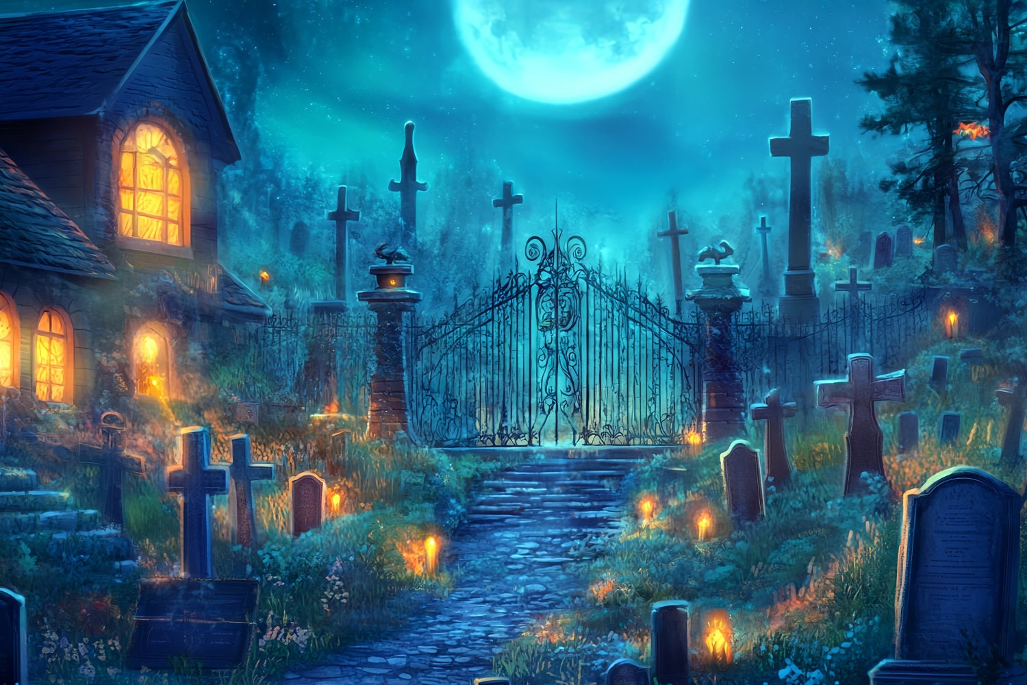 Toile De Fond Halloween Cimetière Au Clair De Lune Avec Grille En Fer TWW58-2