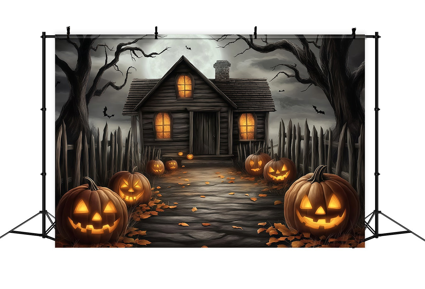 Fond De Photo Halloween Allée Maison Hantée Avec Citrouilles Sculpées TWW58-20