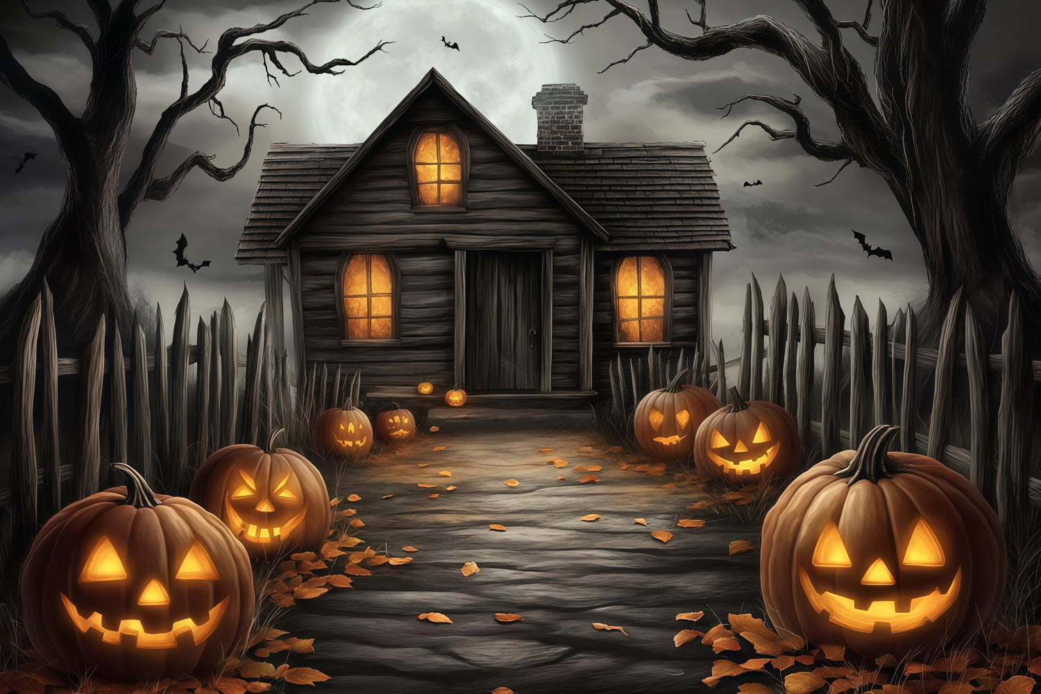 Fond De Photo Halloween Allée Maison Hantée Avec Citrouilles Sculpées TWW58-20