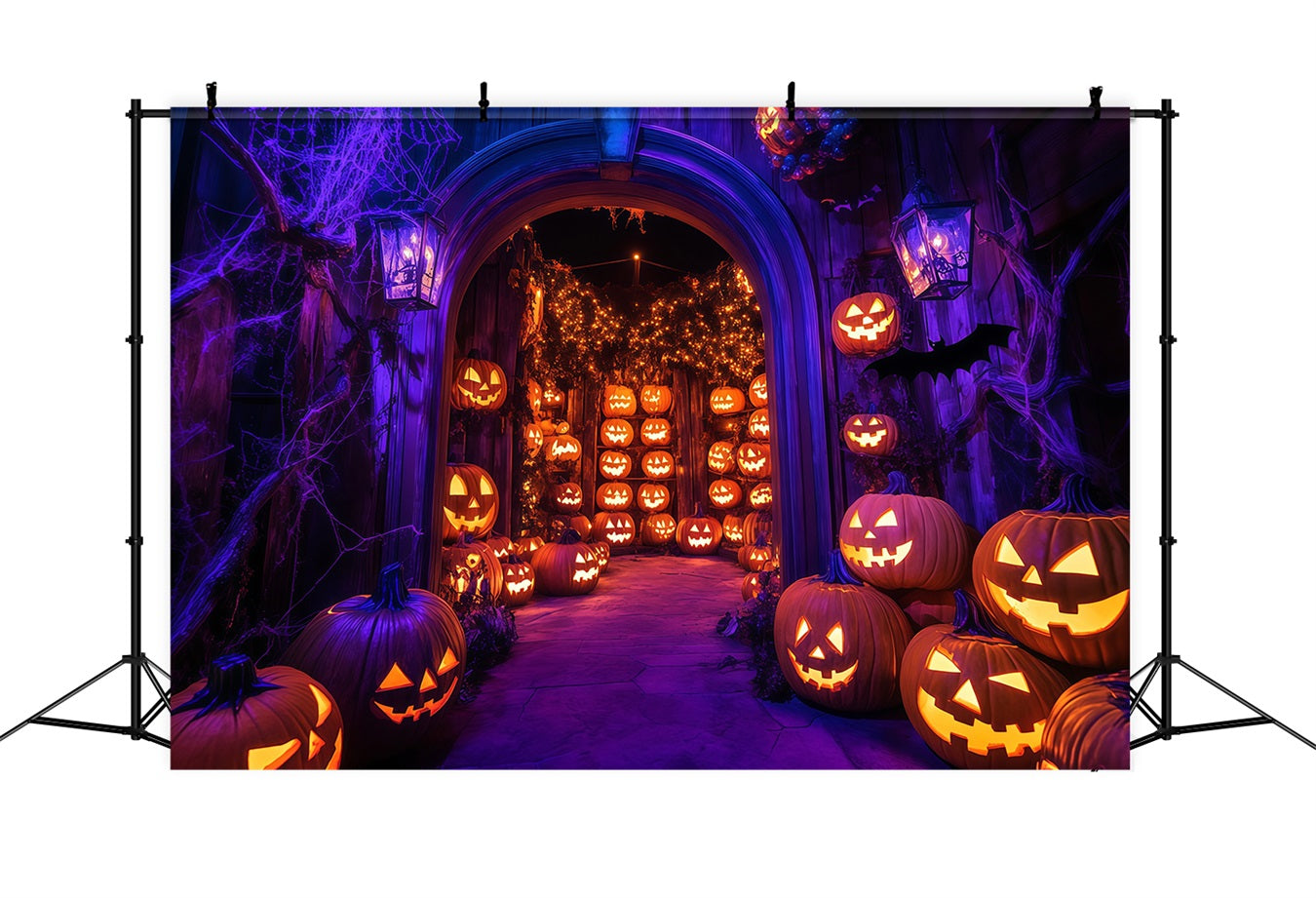 Toile Photo Halloween Mur Arche Citrouilles Illuminées Avec Toiles D’Araignées TWW58-21