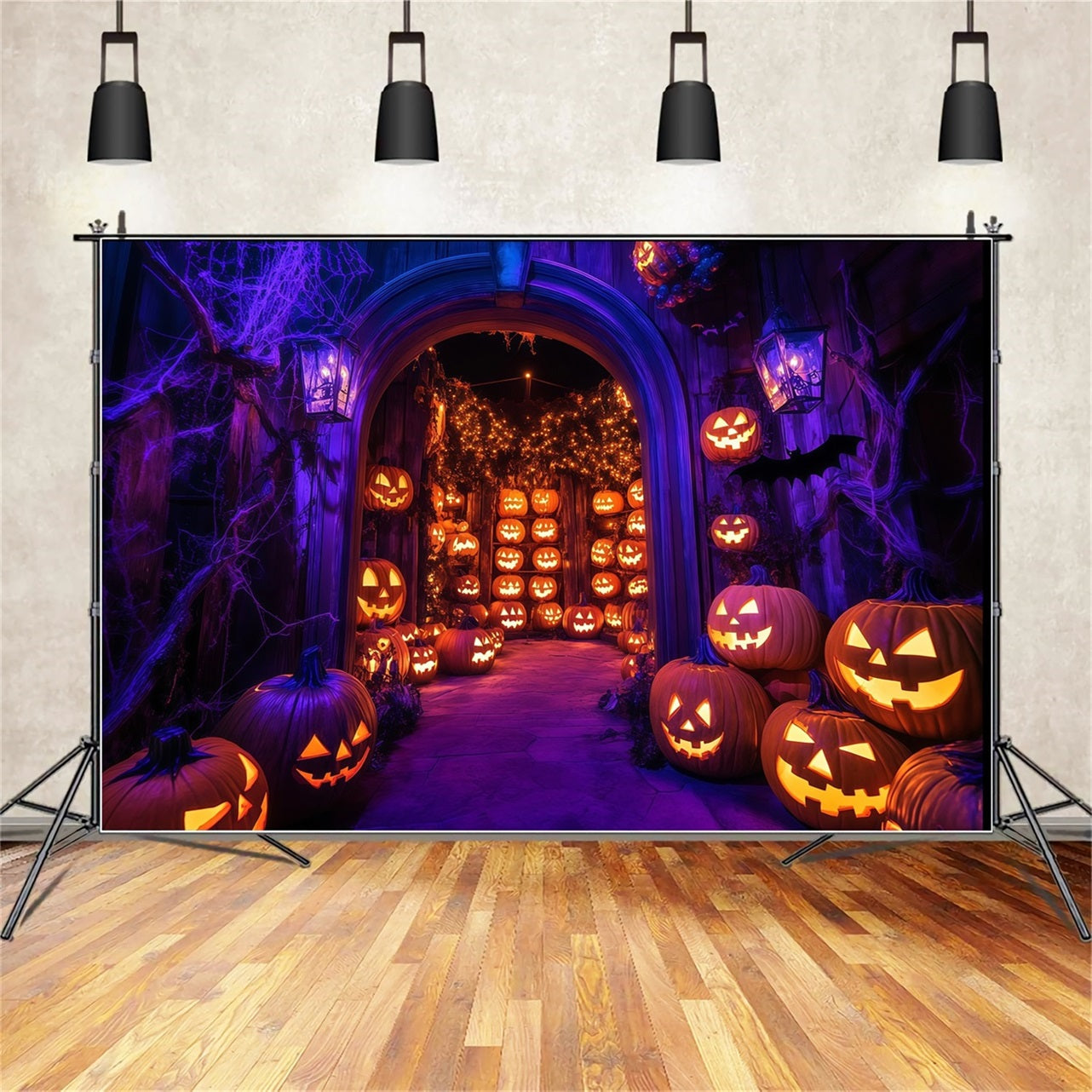 Toile Photo Halloween Mur Arche Citrouilles Illuminées Avec Toiles D’Araignées TWW58-21