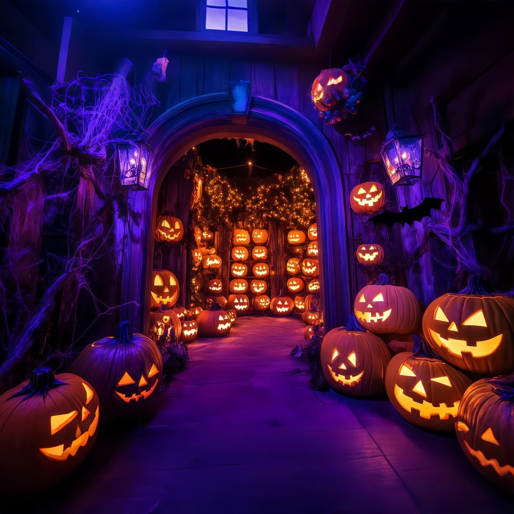Toile Photo Halloween Mur Arche Citrouilles Illuminées Avec Toiles D’Araignées TWW58-21