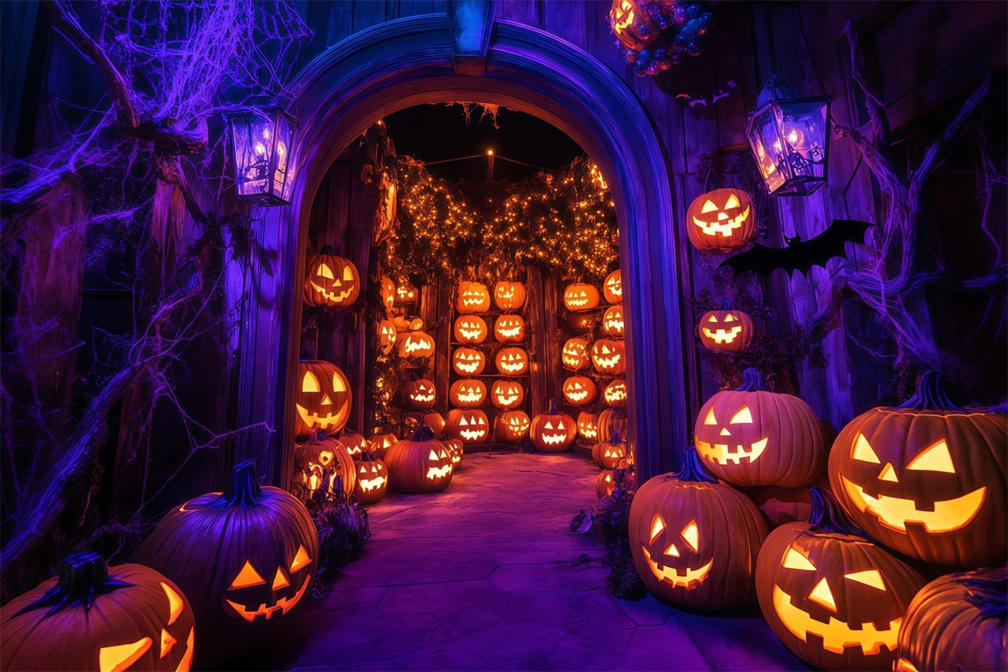 Toile Photo Halloween Mur Arche Citrouilles Illuminées Avec Toiles D’Araignées TWW58-21