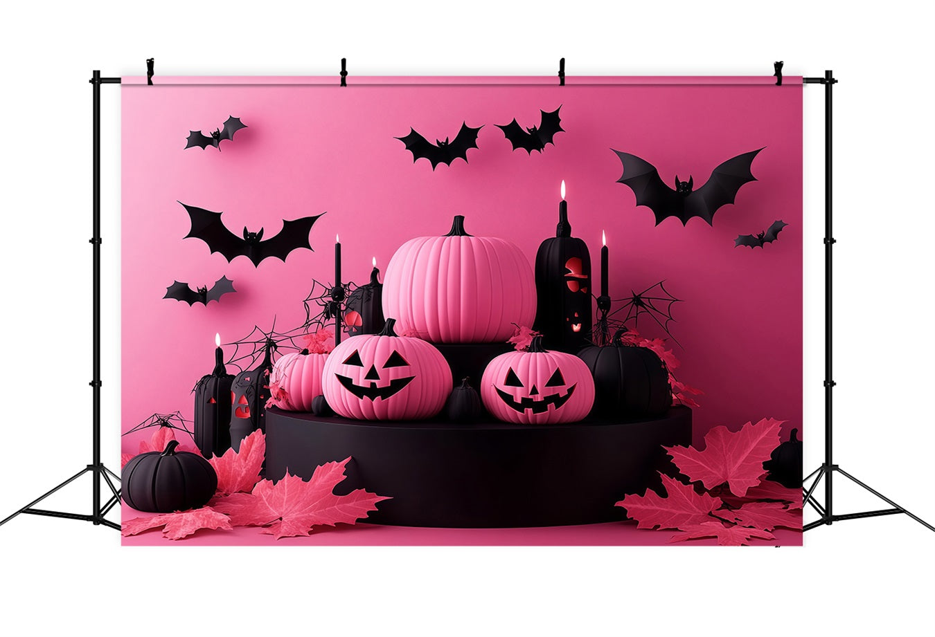 Fond Photo Halloween Citrouilles Roses Et Noires Avec Chauves-Souris Volantes TWW58-22