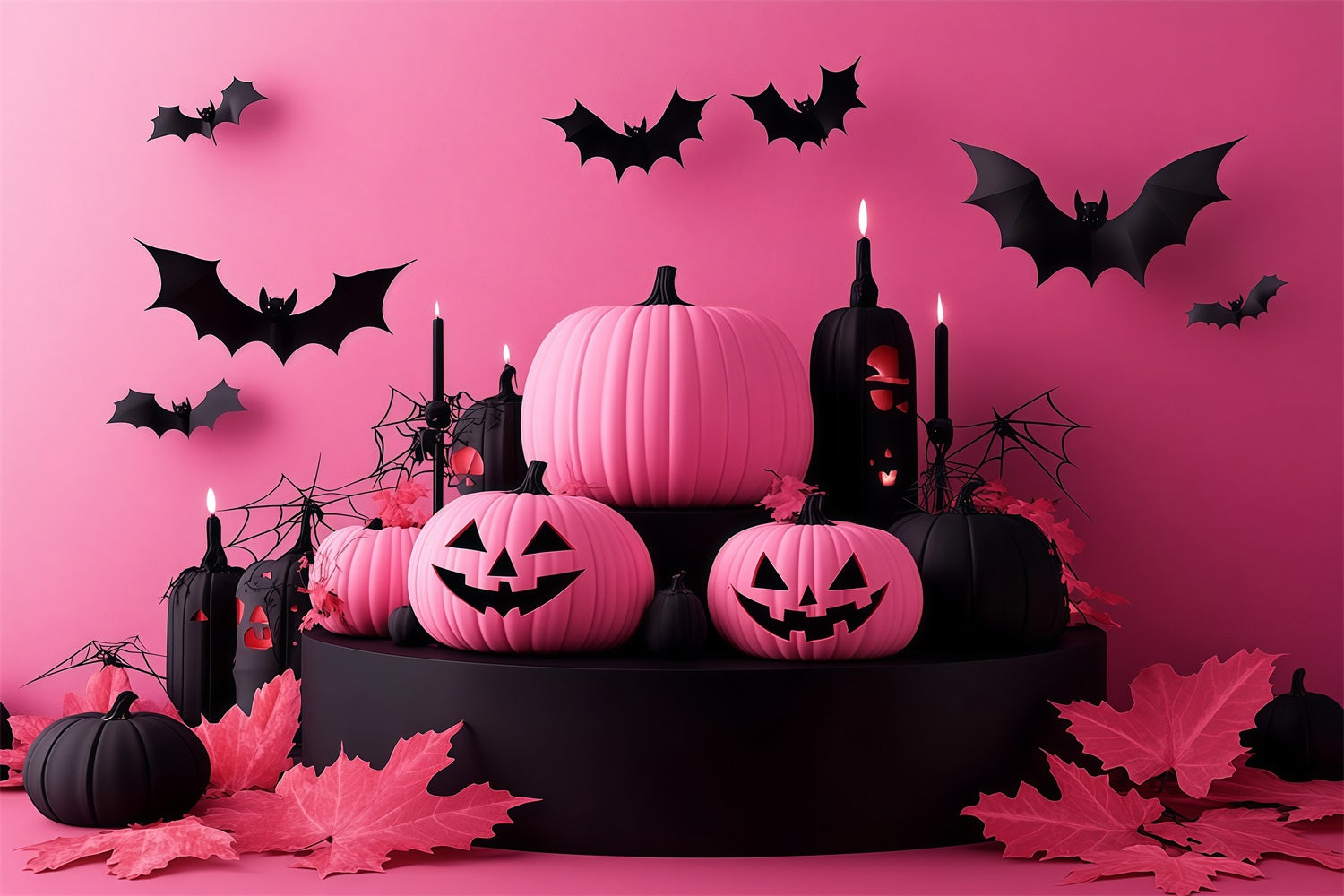 Fond Photo Halloween Citrouilles Roses Et Noires Avec Chauves-Souris Volantes TWW58-22