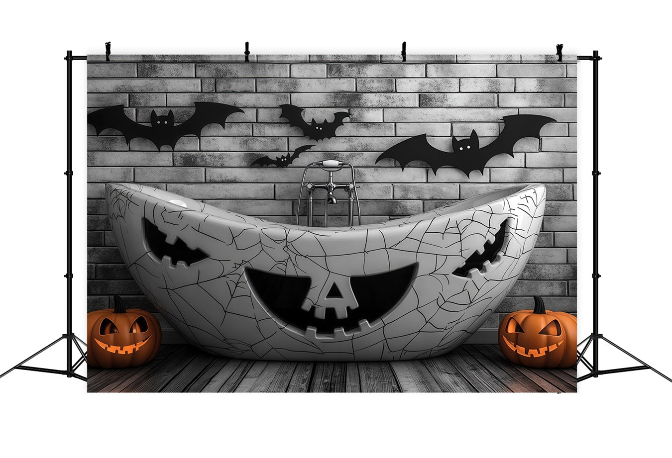 Toile De Fond Halloween Baignoire Hantée Avec Citrouilles Sculptées Et Chauves-Souris TWW58-23