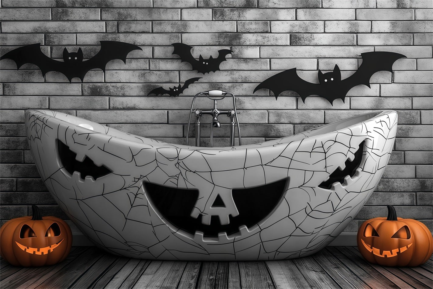 Toile De Fond Halloween Baignoire Hantée Avec Citrouilles Sculptées Et Chauves-Souris TWW58-23