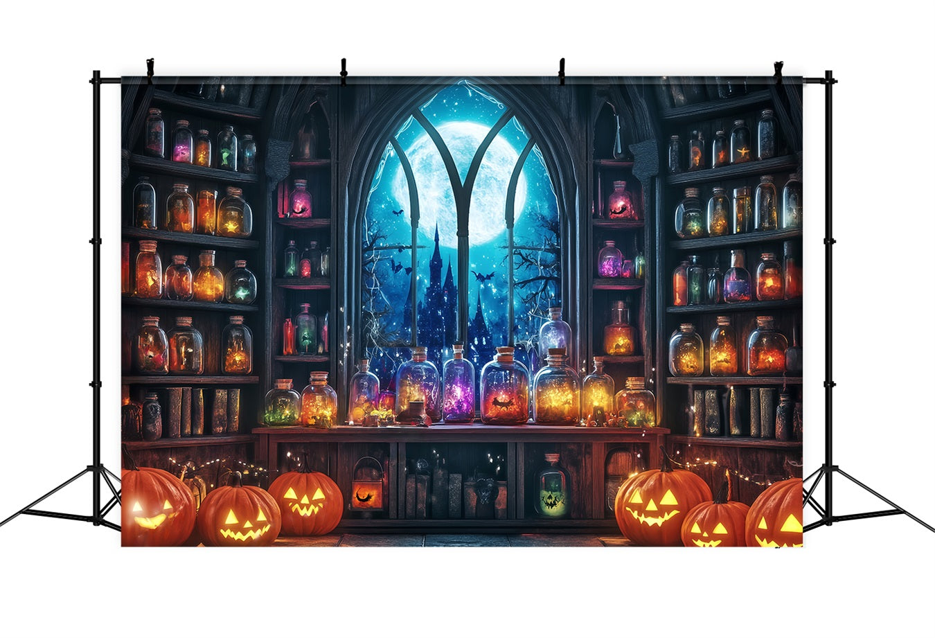 Toile Halloween Mur Salle De Potions Au Clair De Lune Avec Citrouilles Et Bocaux TWW58-24