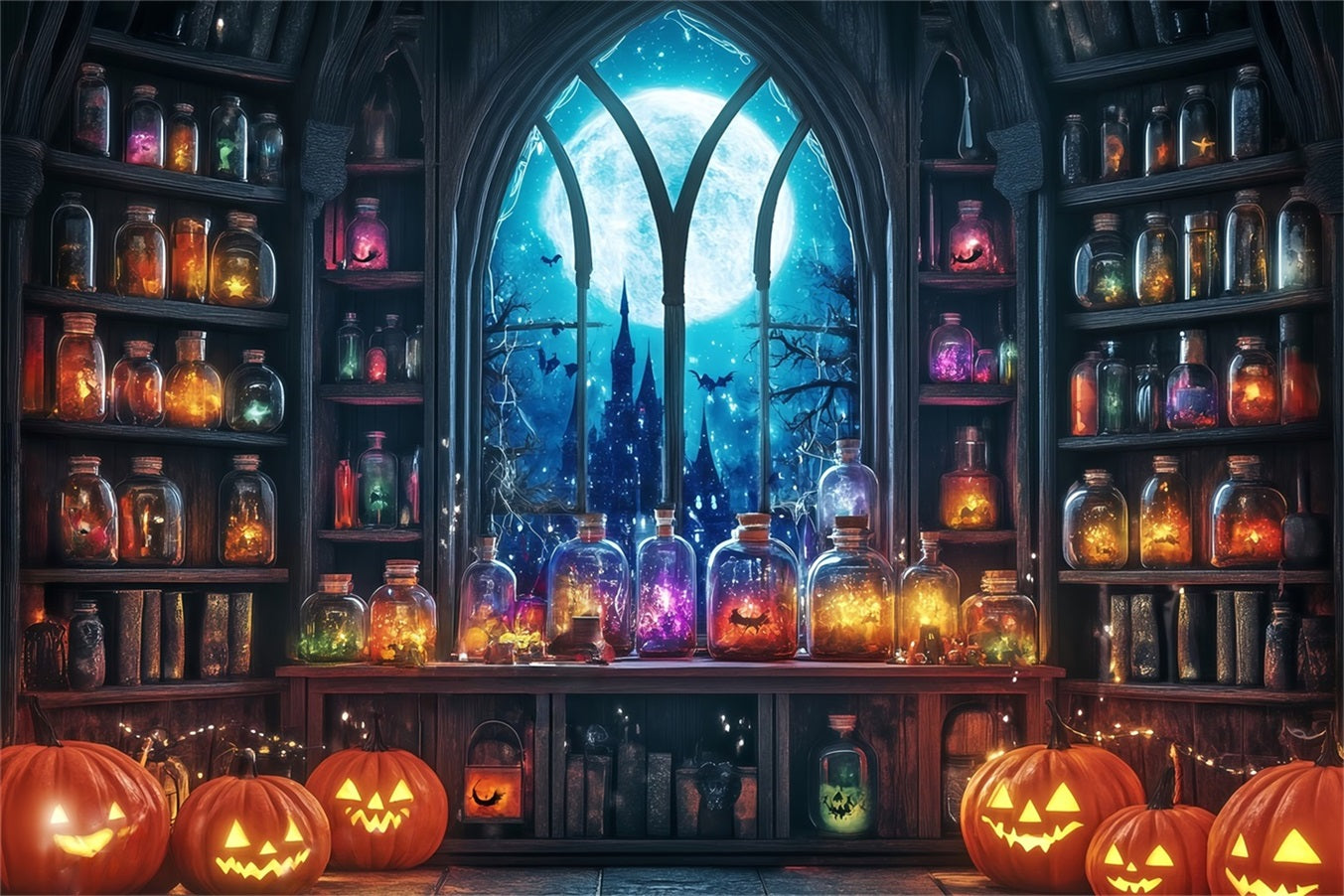 Toile Halloween Mur Salle De Potions Au Clair De Lune Avec Citrouilles Et Bocaux TWW58-24