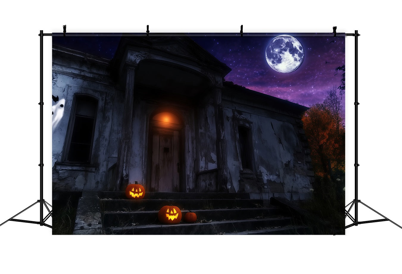 Fond Studio Halloween Manoir Hanté Avec Citrouilles Illuminées Sous La Lune TWW58-25