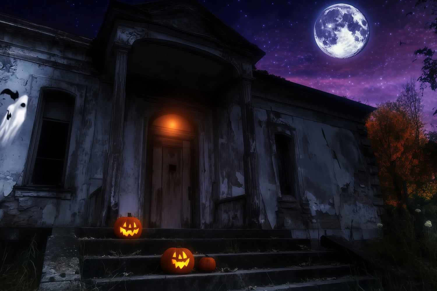 Fond Studio Halloween Manoir Hanté Avec Citrouilles Illuminées Sous La Lune TWW58-25