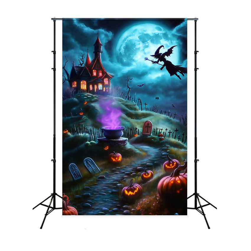 Toile De Fond Photo Halloween Sorcière Volant Au-Dessus Cimetière Effrayant Colline TWW58-26