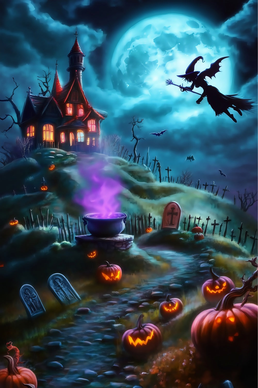 Toile De Fond Photo Halloween Sorcière Volant Au-Dessus Cimetière Effrayant Colline TWW58-26