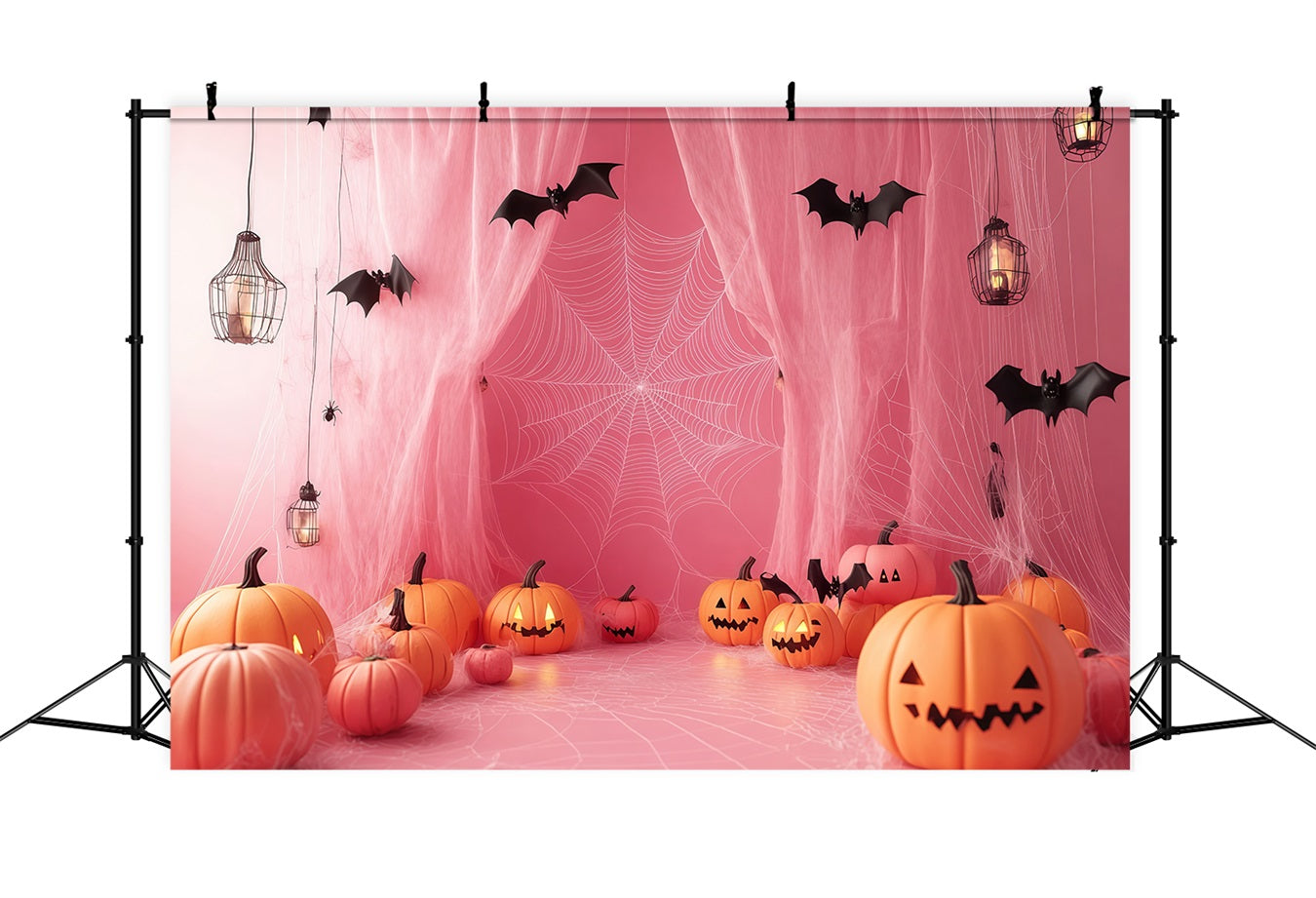 Fond De Photo Halloween Toiles D’Araignées Roses Avec Citrouilles Sculptées TWW58-27