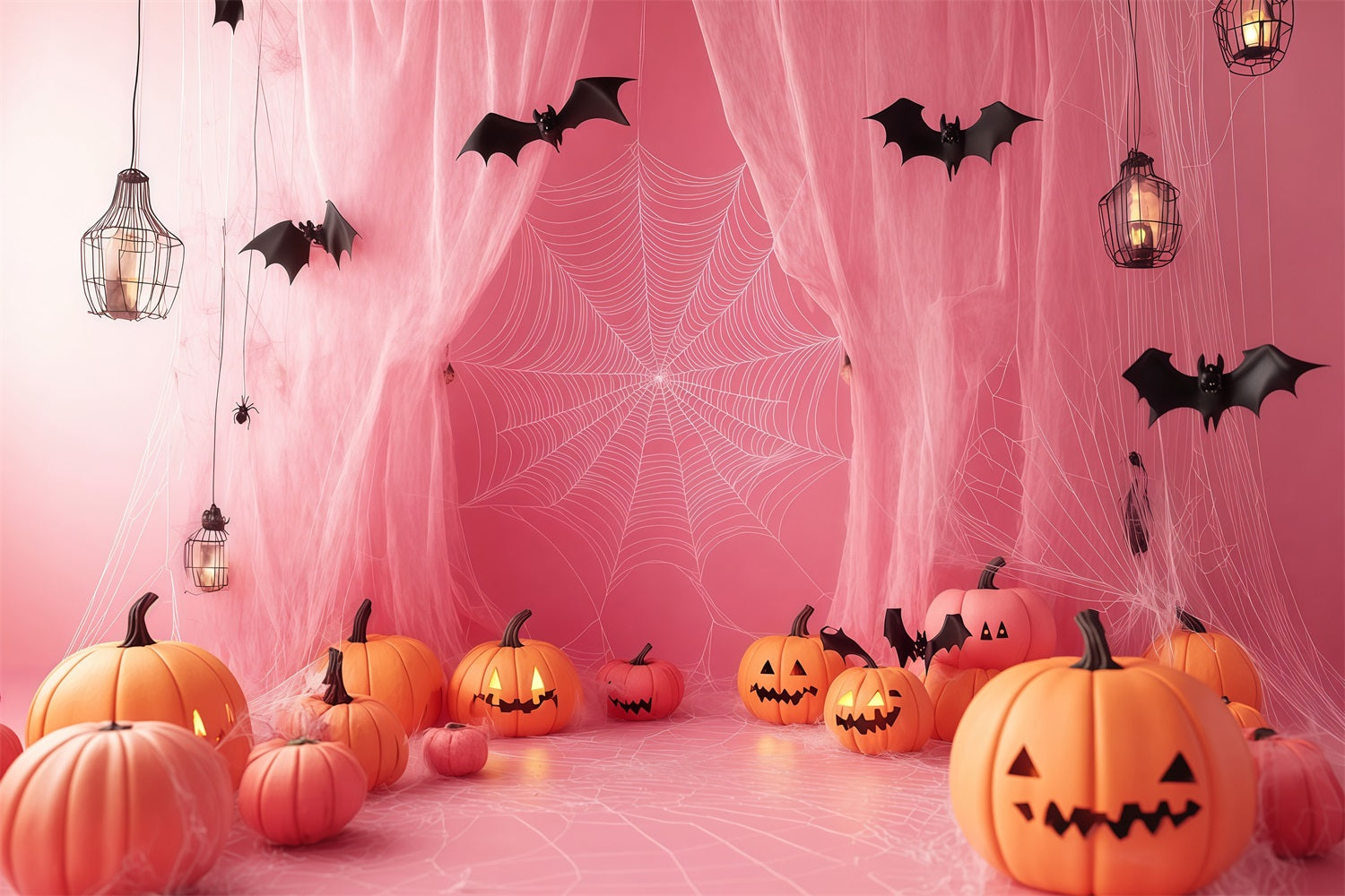 Fond De Photo Halloween Toiles D’Araignées Roses Avec Citrouilles Sculptées TWW58-27