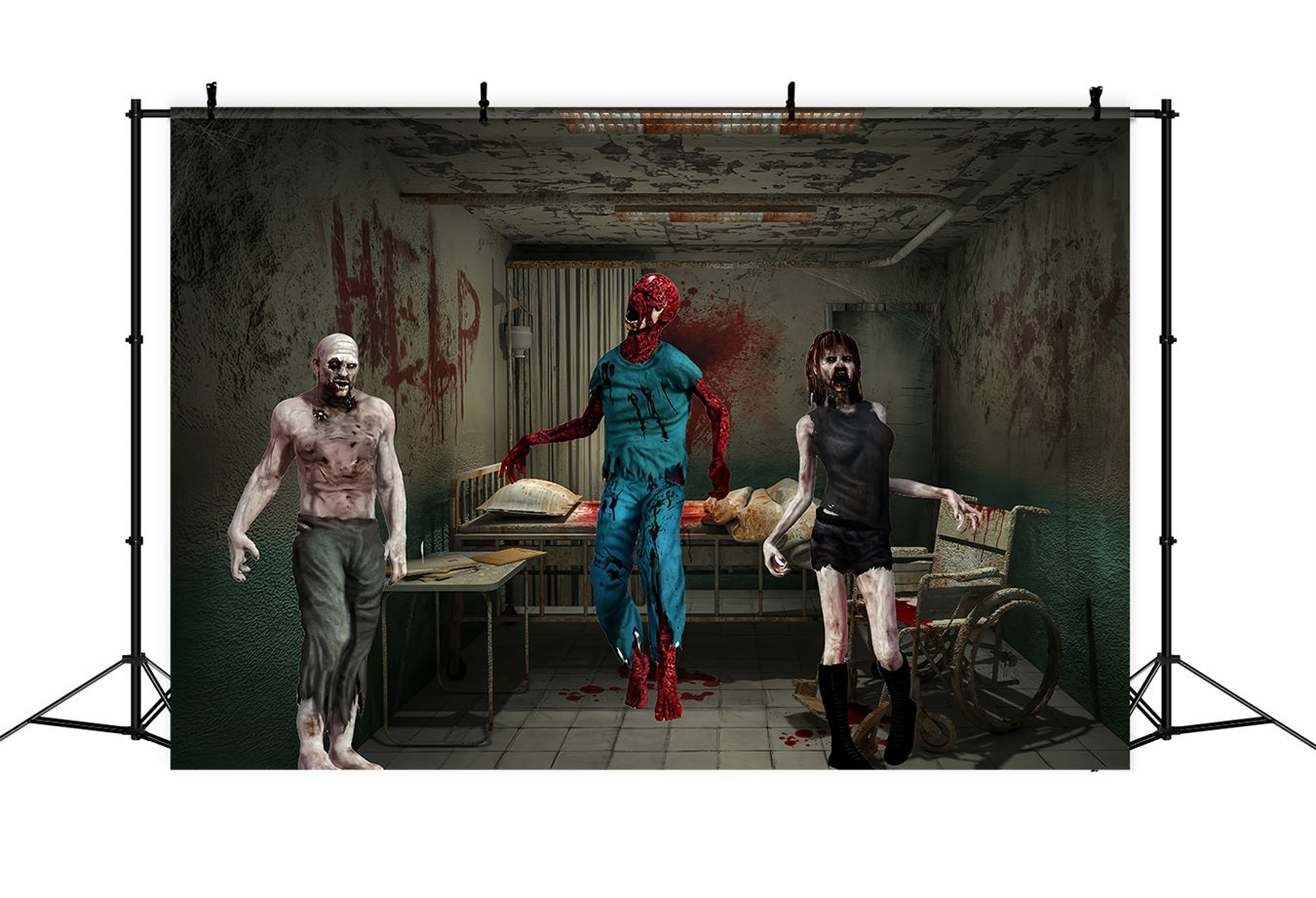 Toile Photo Halloween Porte De Garage Trois Zombies Sanglants Hôpital Abandonné TWW58-28