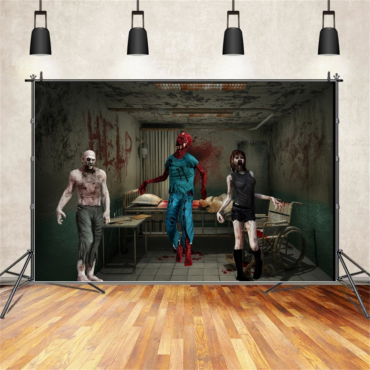 Toile Photo Halloween Porte De Garage Trois Zombies Sanglants Hôpital Abandonné TWW58-28