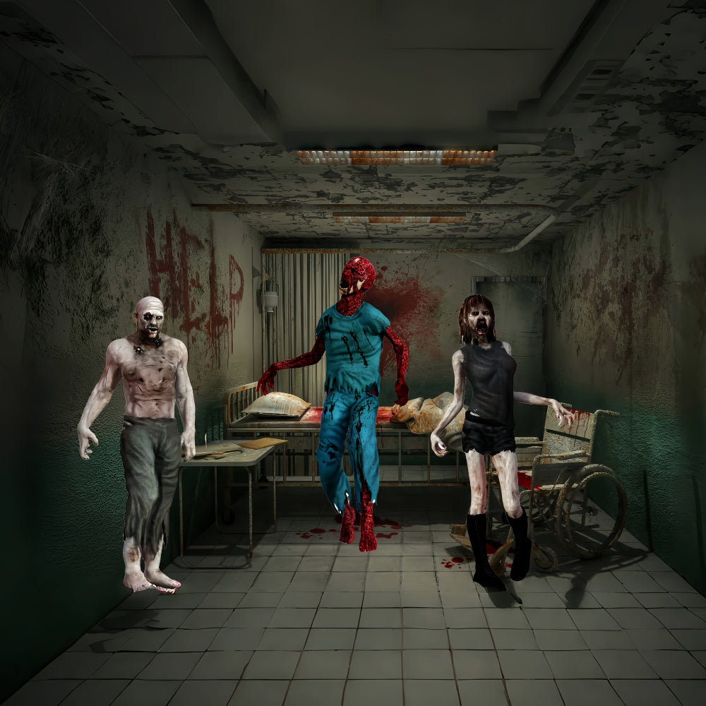 Toile Photo Halloween Porte De Garage Trois Zombies Sanglants Hôpital Abandonné TWW58-28