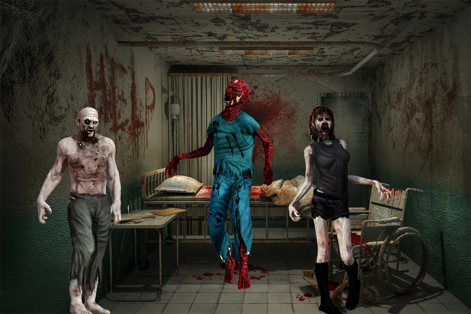 Toile Photo Halloween Porte De Garage Trois Zombies Sanglants Hôpital Abandonné TWW58-28